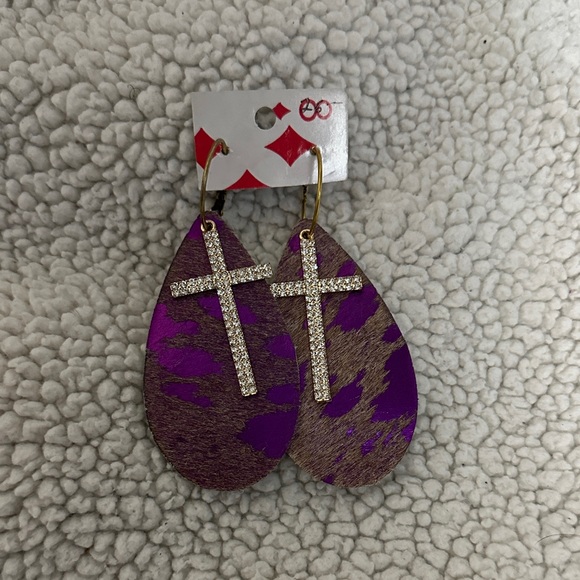 Purple and Gold Cowhide Cross Dangle Earrings - Picture 1 of 3